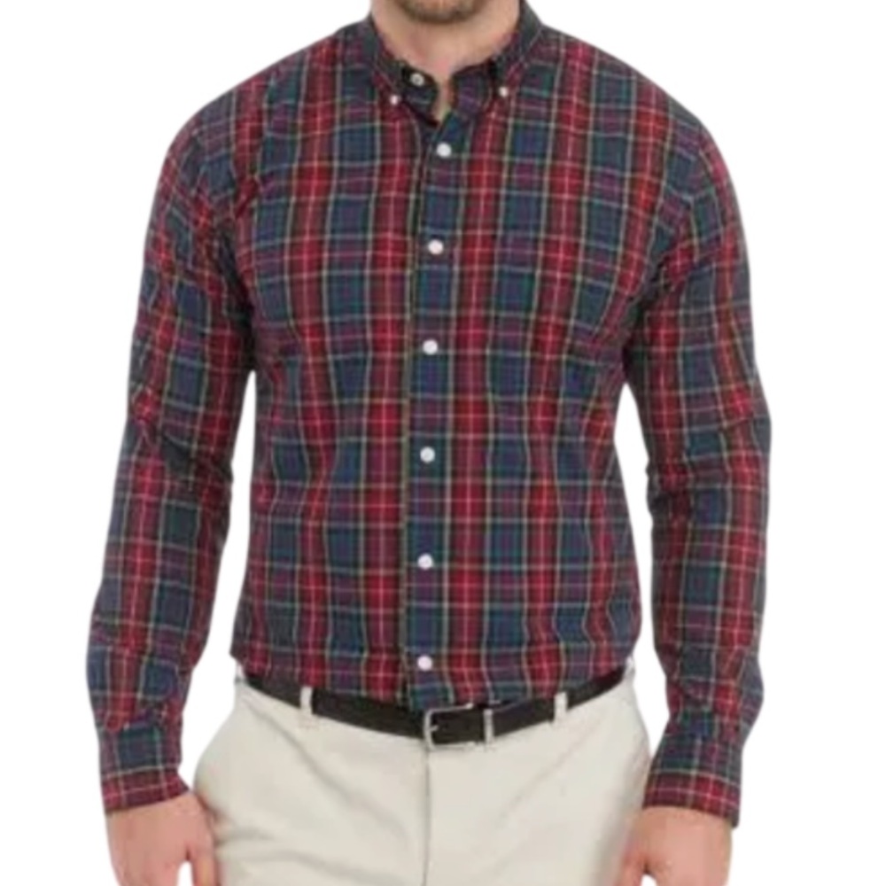 IZOD Men's Red and Green Plaid Shirt- Holiday Tartans - XL